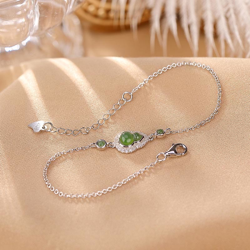 Buddha Stones 925 Sterling Silver Plated Gold Natural Hetian Cyan Jade Gourd Luck Bracelet Ring Set