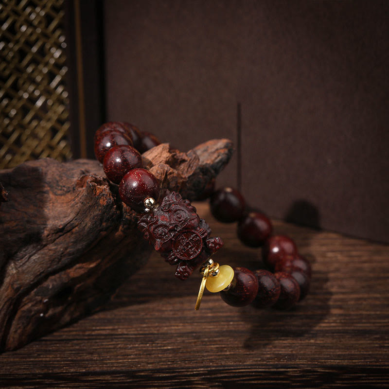Buddha Stones Small Leaf Red Sandalwood Gold Swallower Calm Bracelet