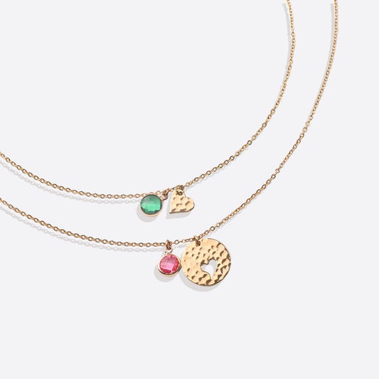 Ensemble de colliers avec pierre de naissance en forme de cœur martelé pour mère et fille