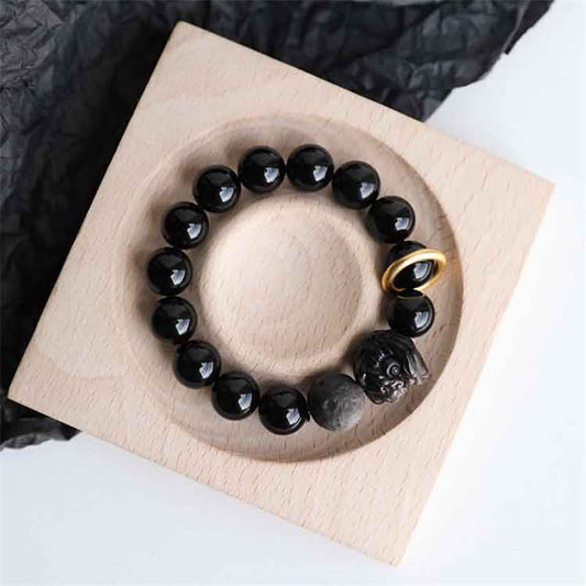 Buddha Stones Black Obsidian Silver Sheen Obsidian Lion Strength Bracelet