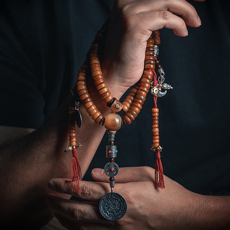 Buddha Stones Tibetische 108 Mala-Perlen Yak-Knochen Dzi-Perle Neun Paläste Acht Diagramme Charm-Stärke-Armband 