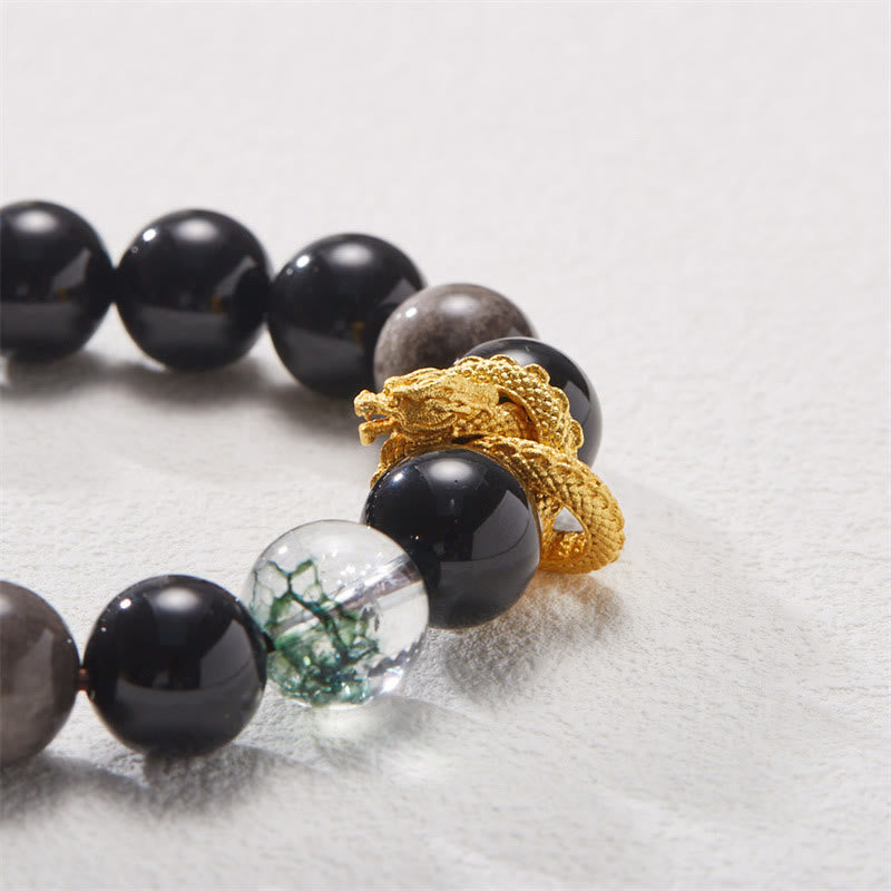 Bracelet de protection fantôme vert dragon en obsidienne naturelle argentée et brillante de Bouddha Stones 