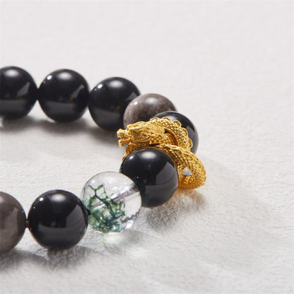Bracelet de protection fantôme vert dragon en obsidienne naturelle argentée et brillante de Bouddha Stones 