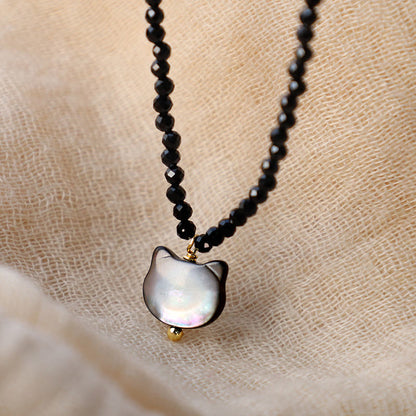 Collier ras du cou en spinelle noir avec pierres de Bouddha et motif chat mignon 
