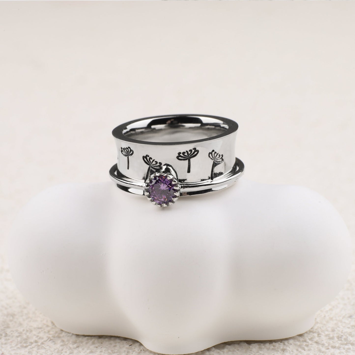 Bague Fidget Spinning Pissenlit Argent Pierre de Naissance
