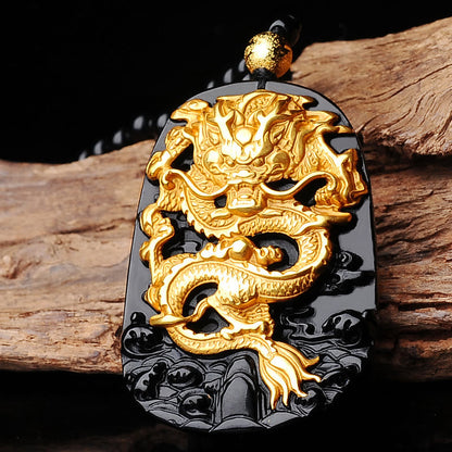 Collier pendentif porte-bonheur en obsidienne dragon plaqué or 18 carats de Buddha Stones 
