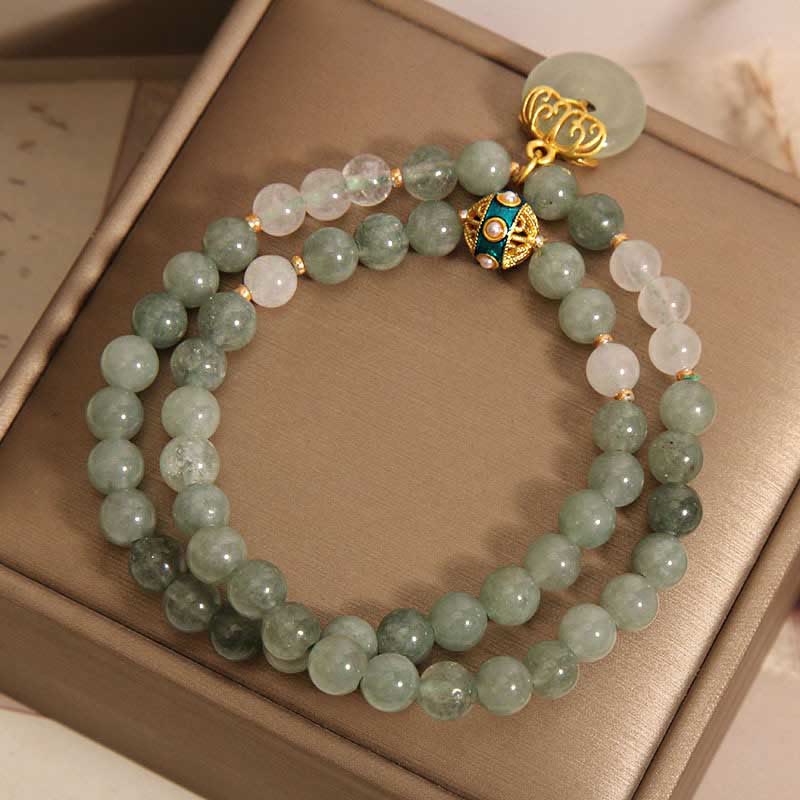 Bracelet double tour avec breloque porte-bonheur et boucle de paix en aventurine verte et pierres de Bouddha 