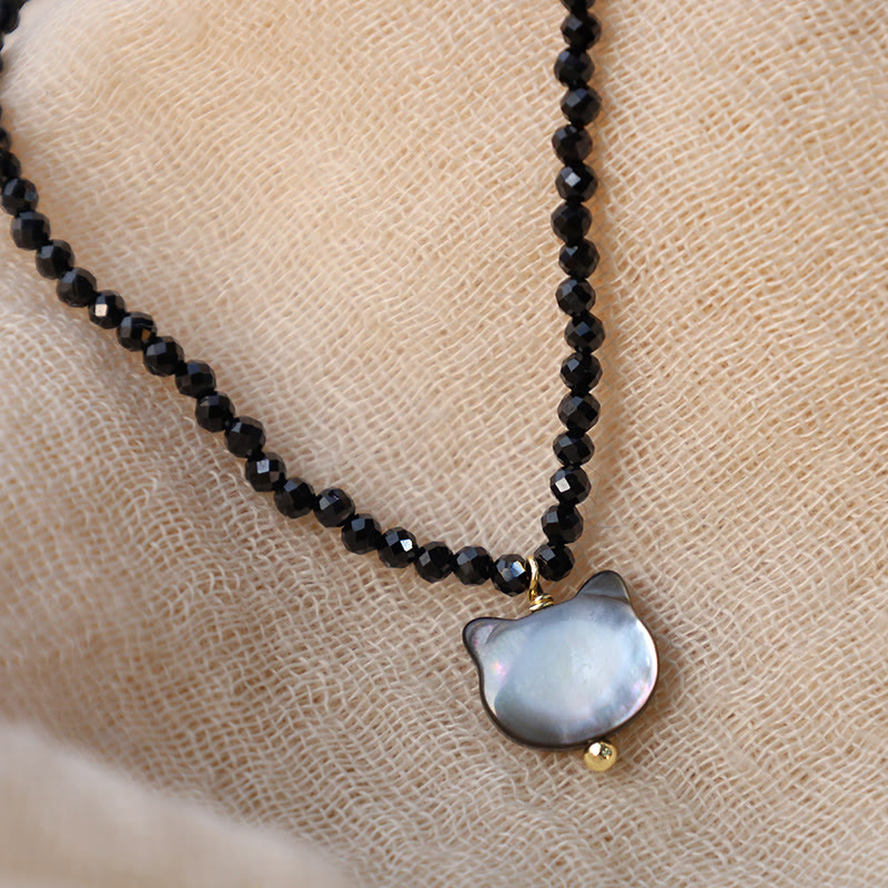 Collier ras du cou en spinelle noir avec pierres de Bouddha et motif chat mignon 