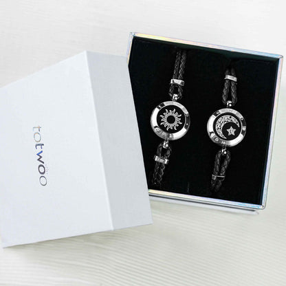 Bracelets tactiles Soleil et Lune avec corde en cuir tressé (noir + noir)