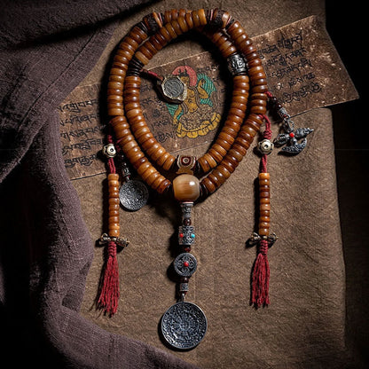 Buddha Stones Tibetische 108 Mala-Perlen Yak-Knochen Dzi-Perle Neun Paläste Acht Diagramme Charm-Stärke-Armband 