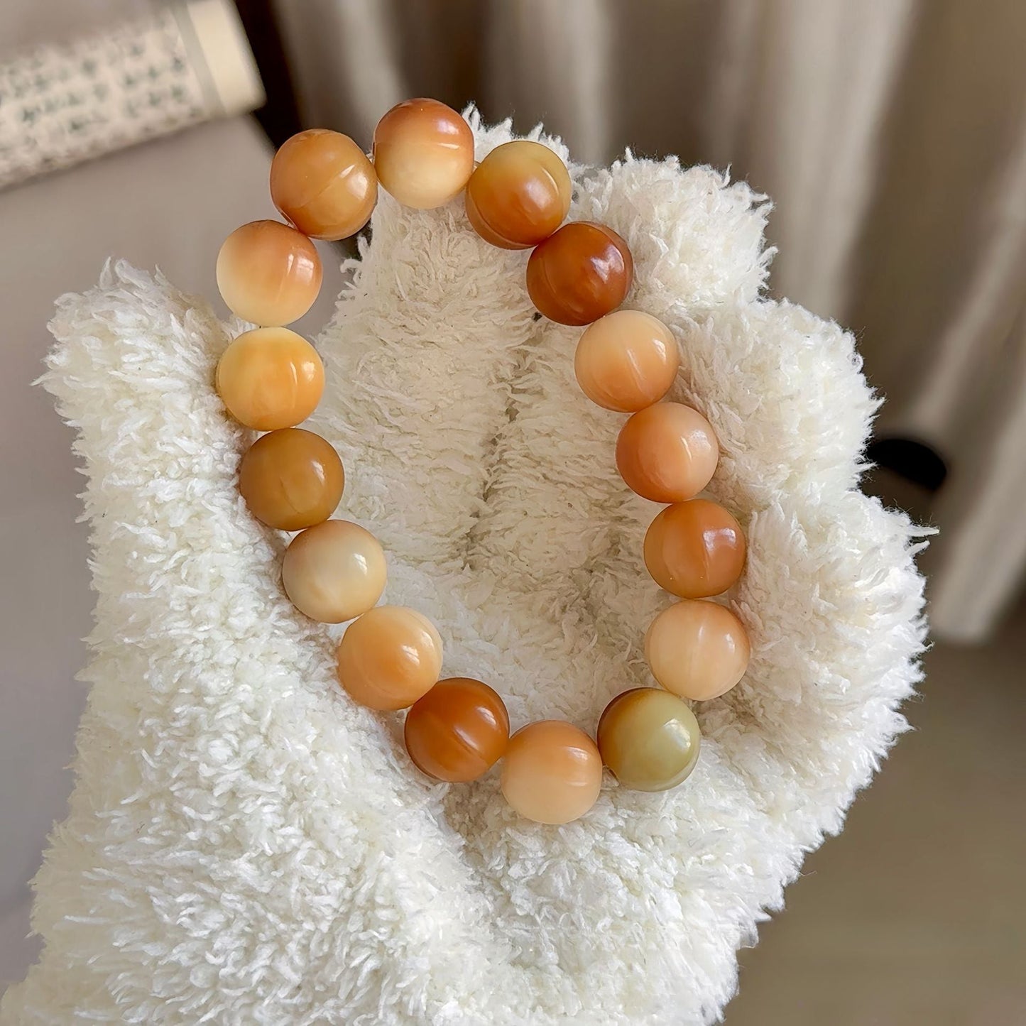 Exquisitely Carved Shark Fin Sea Salt Pink Bodhi Bracelet 14mm