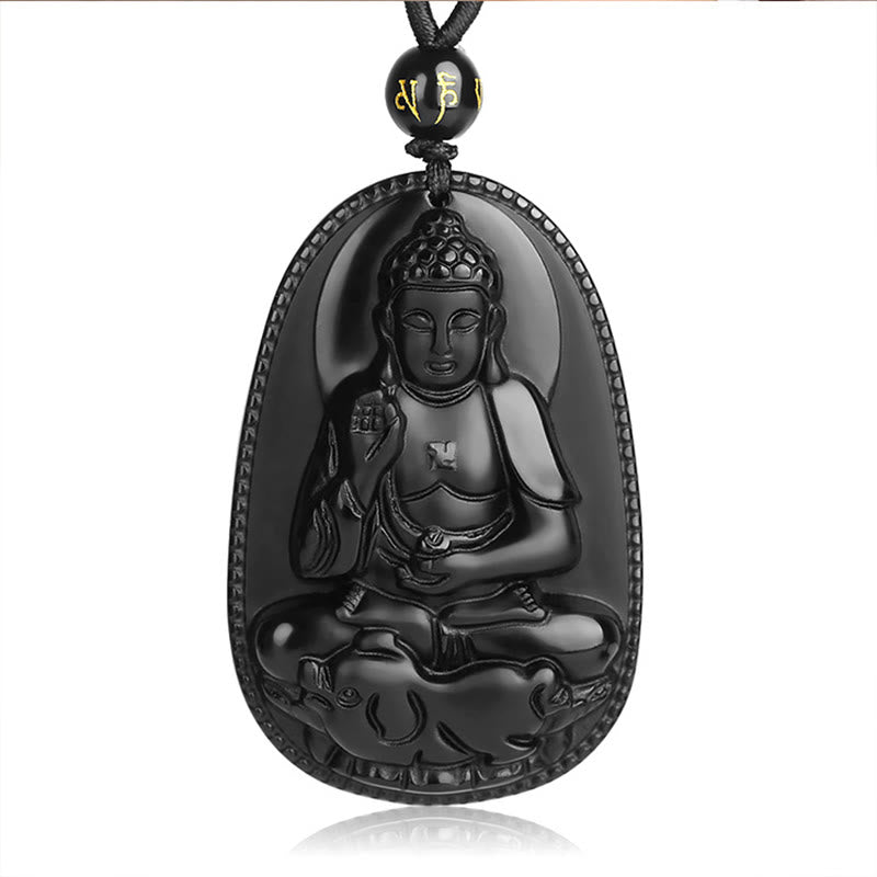 Collier pendentif en obsidienne noire naturelle avec pierres de Bouddha et zodiaque chinois