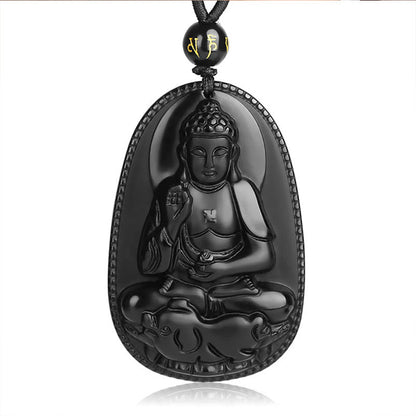 Collier pendentif en obsidienne noire naturelle avec pierres de Bouddha et zodiaque chinois