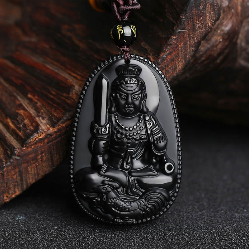 Collier pendentif en obsidienne noire naturelle avec pierres de Bouddha et zodiaque chinois