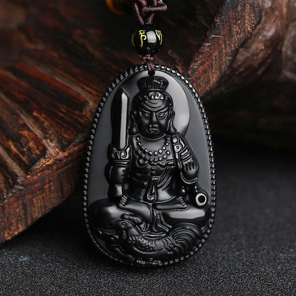 Collier pendentif en obsidienne noire naturelle avec pierres de Bouddha et zodiaque chinois