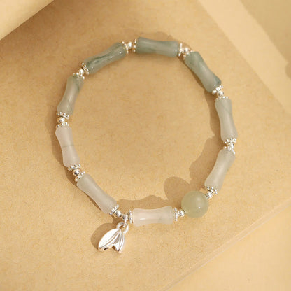 Buddha Stones 925 Sterling Silver Natural Tianshan Jade Bamboo Charm Luck Bracelet
