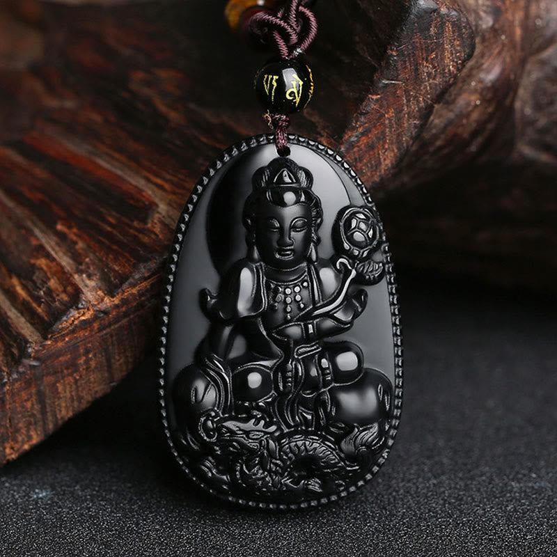 Collier pendentif en obsidienne noire naturelle avec pierres de Bouddha et zodiaque chinois