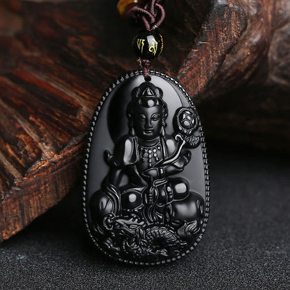 Collier pendentif en obsidienne noire naturelle avec pierres de Bouddha et zodiaque chinois