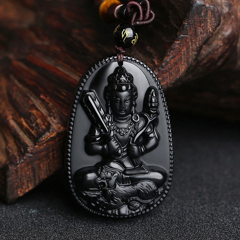 Collier pendentif en obsidienne noire naturelle avec pierres de Bouddha et zodiaque chinois
