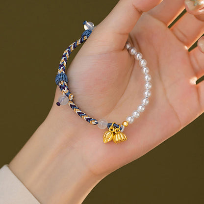 Buddha Stones 925 Sterling Silver Lotus Pearl Colorful Rope Chalcedony Prosperity Bracelet