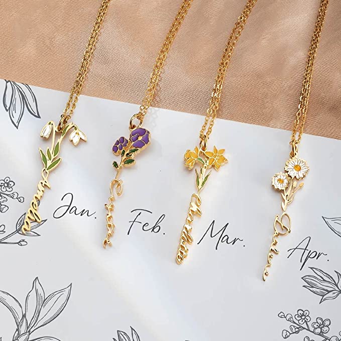 Collier avec nom de fleur de naissance aquarelle