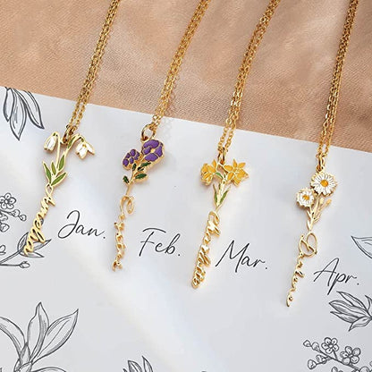 Collier avec nom de fleur de naissance aquarelle