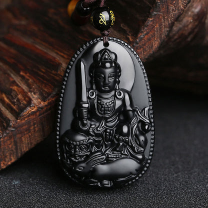 Collier pendentif en obsidienne noire naturelle avec pierres de Bouddha et zodiaque chinois