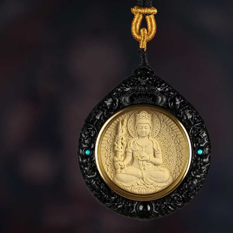 Buddha Stones Chinese Zodiac Avalokitesvara Small Leaf Red Sandalwood Ebony Longevity Necklace Pendant