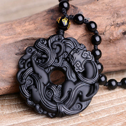 Collier pendentif en obsidienne noire naturelle avec boucle de paix et purification Pixiu 