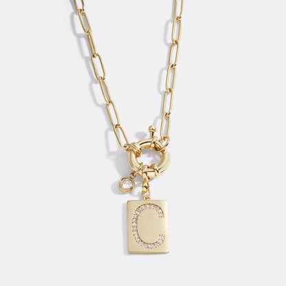 Collier pendentif initial pavé avec chaîne trombone