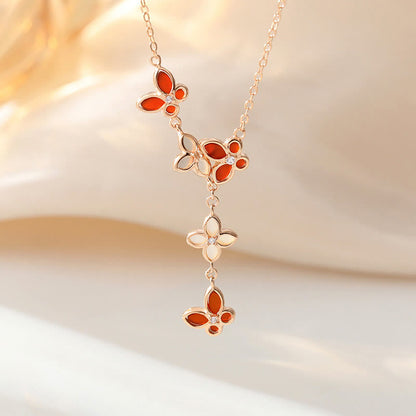 Buddha Stones 925 Sterling Silver Red Agate Tridacna Stone Butterfly Four Leaf Clover Calm Bracelet Necklace Pendant Set