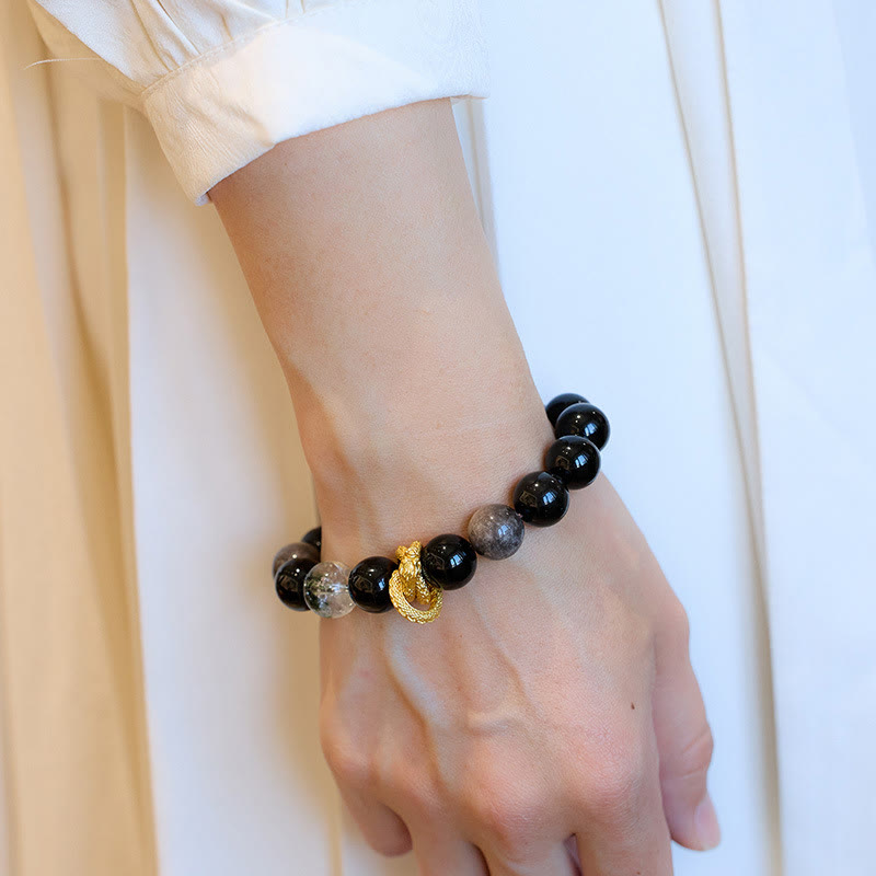 Bracelet de protection fantôme vert dragon en obsidienne naturelle argentée et brillante de Bouddha Stones 