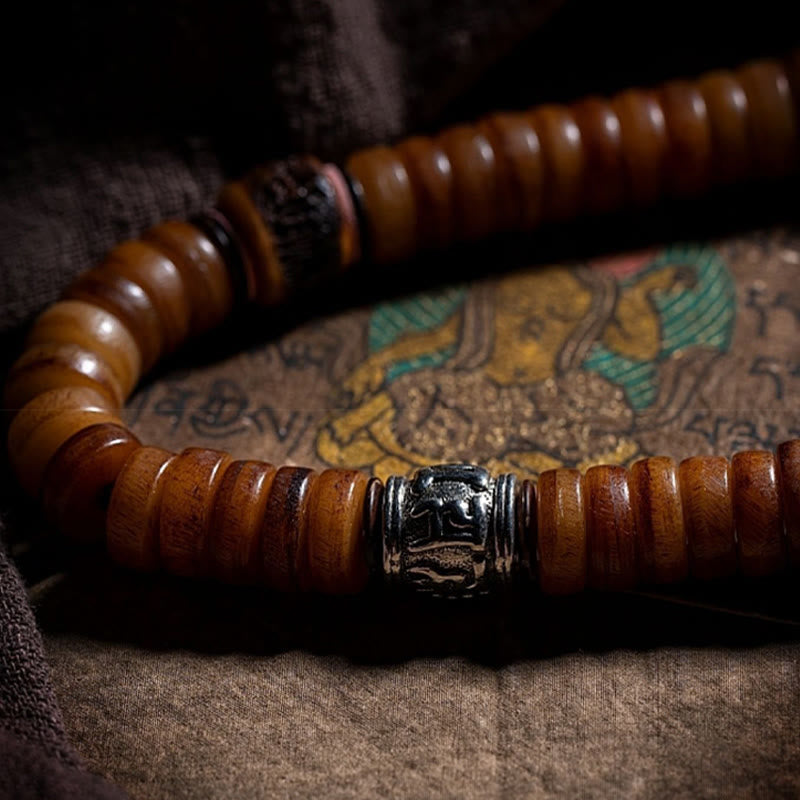 Buddha Stones Tibetische 108 Mala-Perlen Yak-Knochen Dzi-Perle Neun Paläste Acht Diagramme Charm-Stärke-Armband 