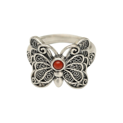 Buddha Stones 925 Sterling Silver Red Agate Butterfly Self-acceptance Ring Earrings Set