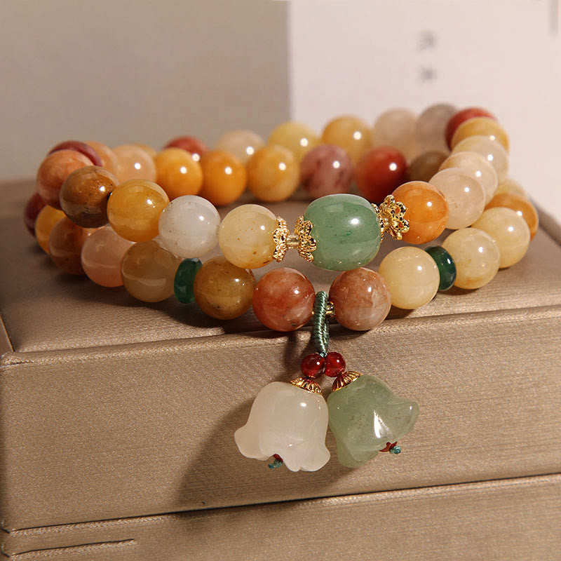 Buddha Stones Tibet Natural Golden Silk Jade Double Layer Bell Orchid Luck Bracelet