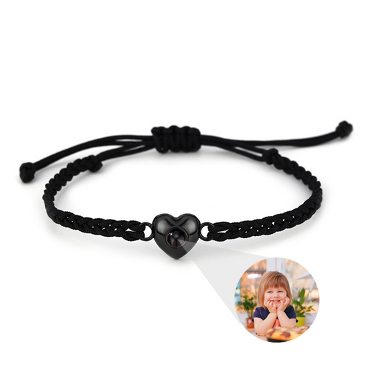 Bracelet tressé photo personnalisé avec pendentif en forme de cœur poli