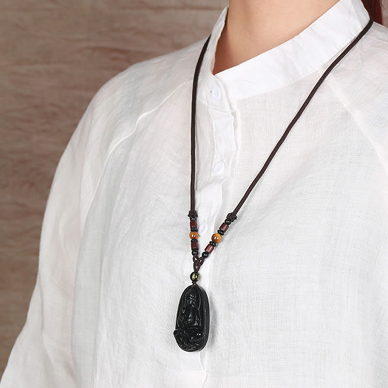 Collier pendentif en obsidienne noire naturelle avec pierres de Bouddha et zodiaque chinois