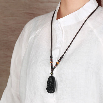 Collier pendentif en obsidienne noire naturelle avec pierres de Bouddha et zodiaque chinois