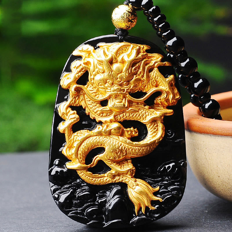 Collier pendentif porte-bonheur en obsidienne dragon plaqué or 18 carats de Buddha Stones 