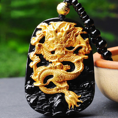 Collier pendentif porte-bonheur en obsidienne dragon plaqué or 18 carats de Buddha Stones 