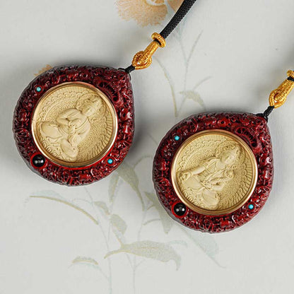 Buddha Stones Chinese Zodiac Avalokitesvara Small Leaf Red Sandalwood Ebony Longevity Necklace Pendant