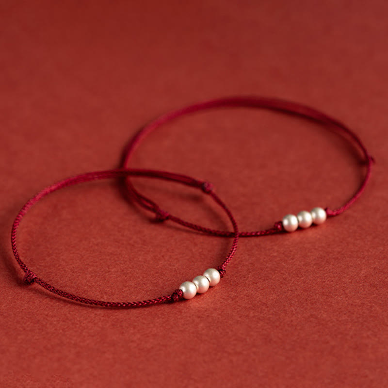 Buddha Stones 925 Sterling Silver Three Beads Protection String Bracelet Anklet
