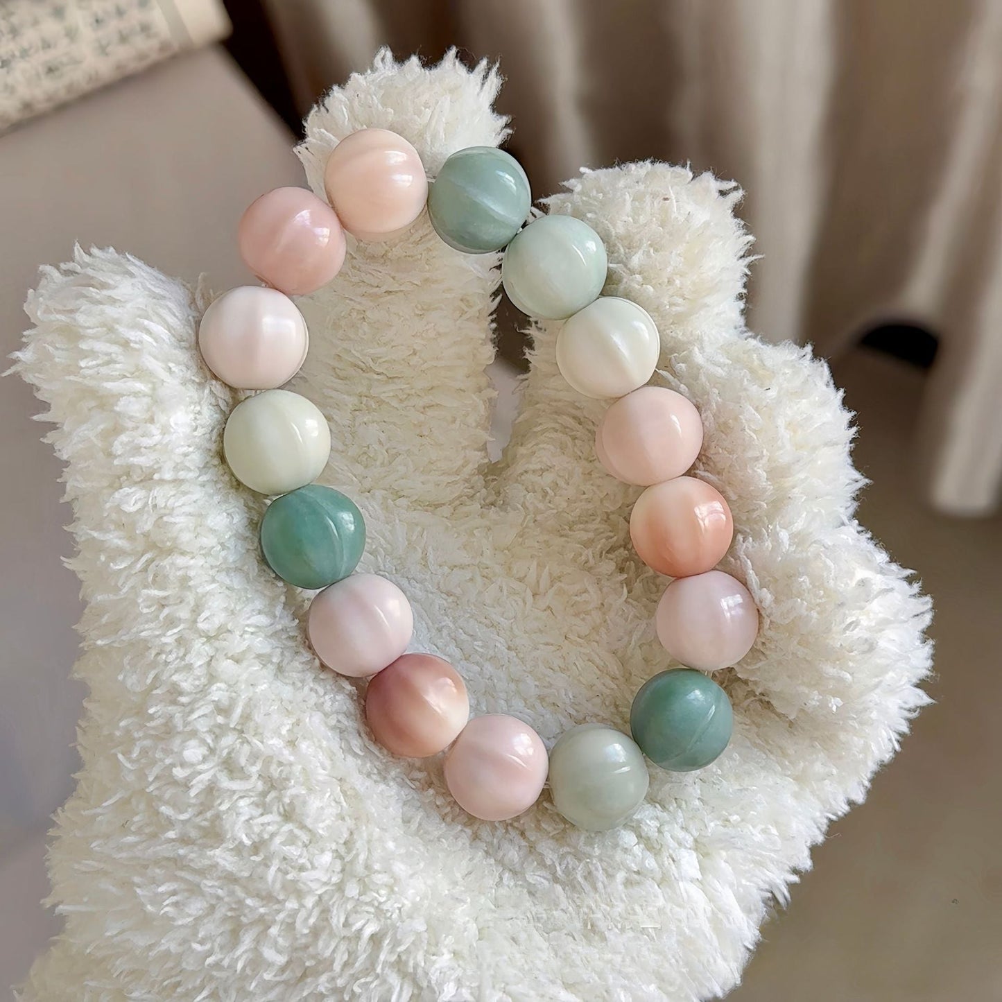 Exquisitely Carved Shark Fin Sea Salt Pink Bodhi Bracelet 14mm