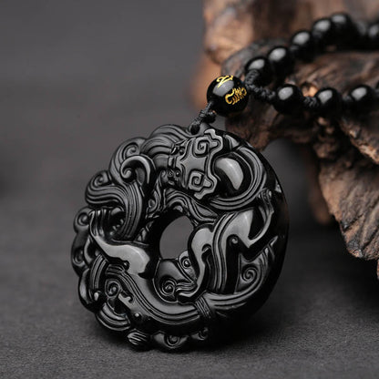 Collier pendentif en obsidienne noire naturelle avec boucle de paix et purification Pixiu 