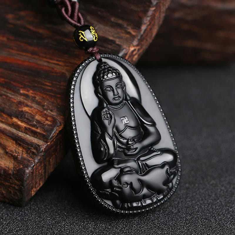 Collier pendentif en obsidienne noire naturelle avec pierres de Bouddha et zodiaque chinois