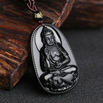 Collier pendentif en obsidienne noire naturelle avec pierres de Bouddha et zodiaque chinois