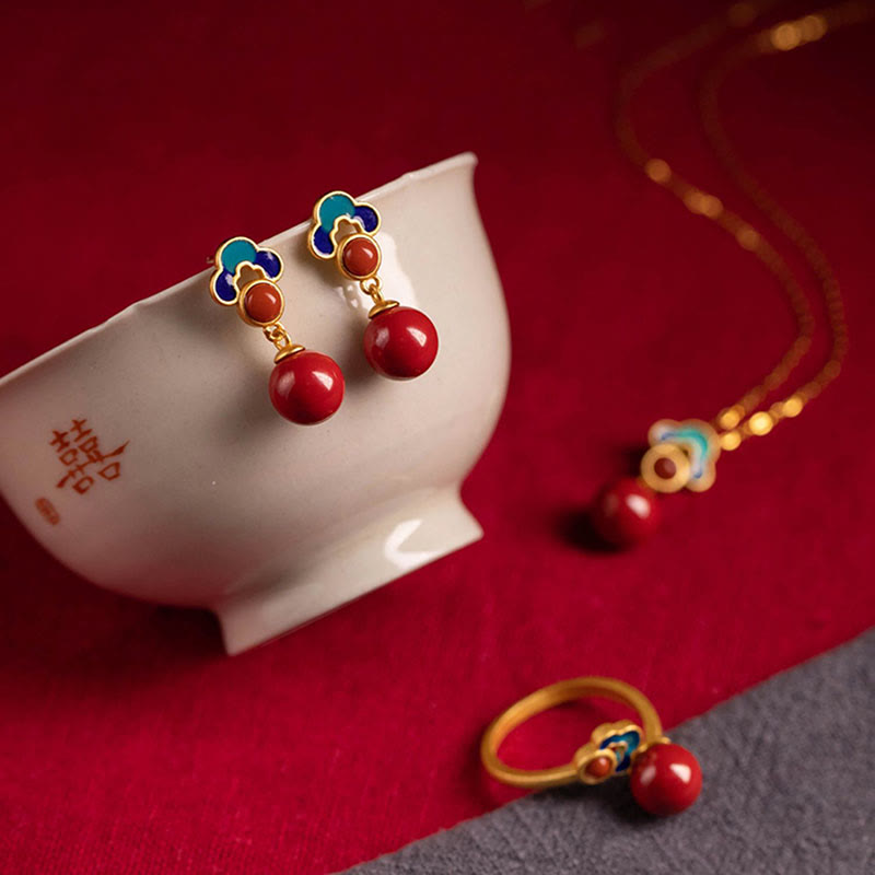 Ensemble collier, boucles d'oreilles et bague en agate rouge cinabre plaqué or et argent sterling 925 avec pierres de Bouddha 