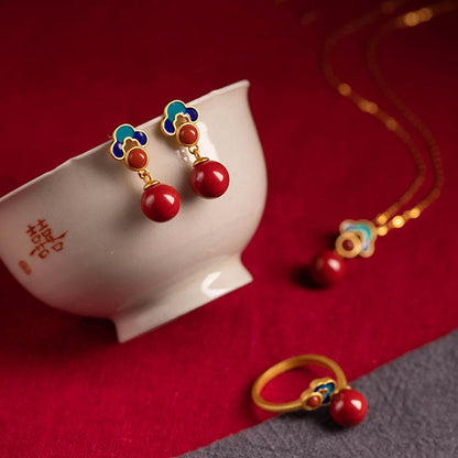 Ensemble collier, boucles d'oreilles et bague en agate rouge cinabre plaqué or et argent sterling 925 avec pierres de Bouddha 