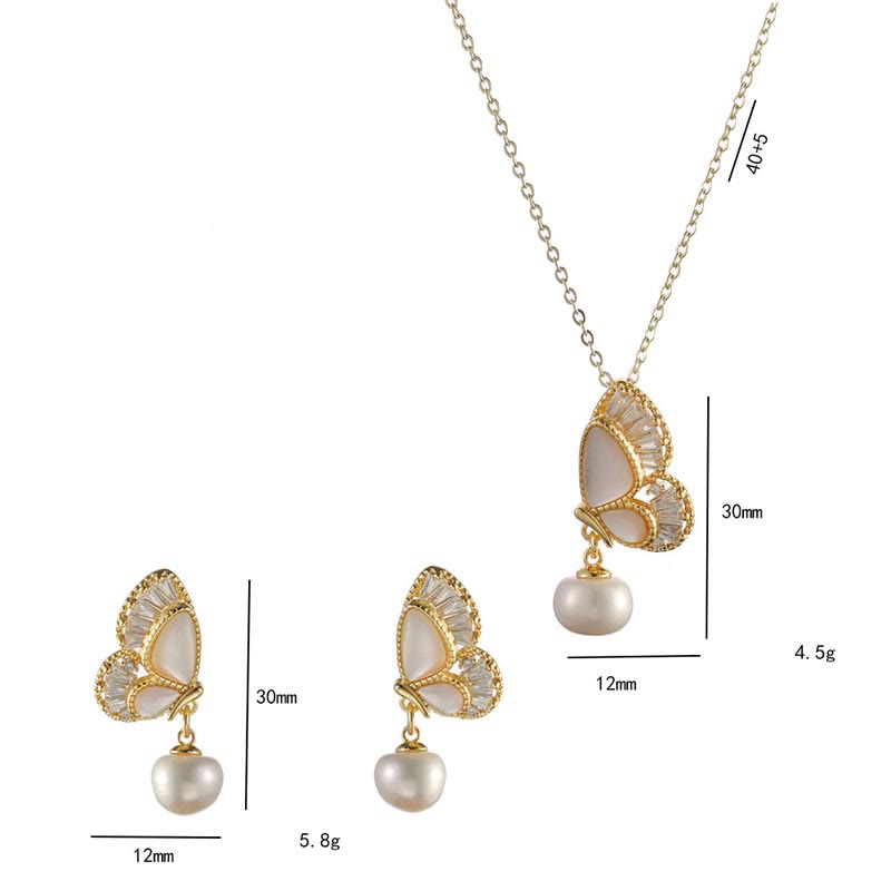Ensemble collier, pendentif et boucles d'oreilles en perles de pierre de Tridacna, perles de guérison et papillon 