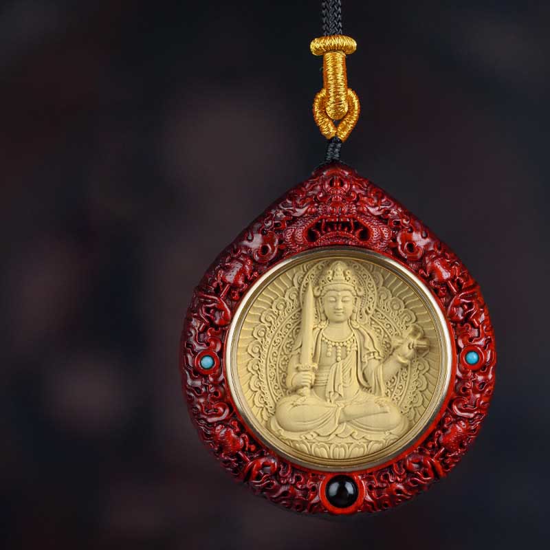 Buddha Stones Chinese Zodiac Avalokitesvara Small Leaf Red Sandalwood Ebony Longevity Necklace Pendant